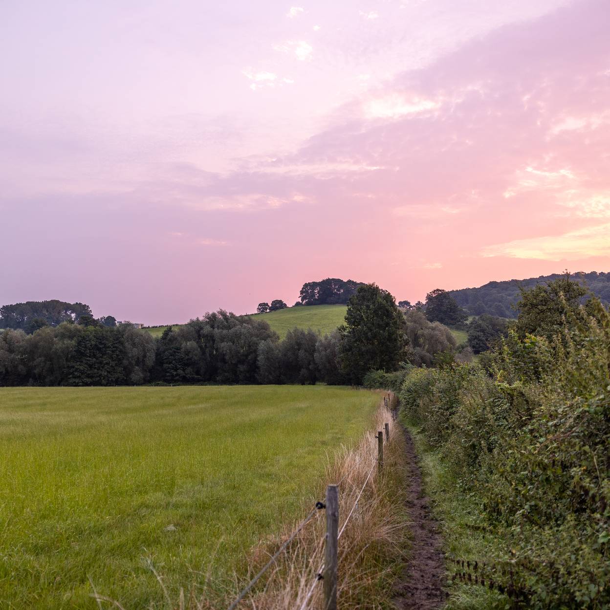 Zonsondergang zorgt voor mooi kleurenpallet over de Limburgse landschappen.