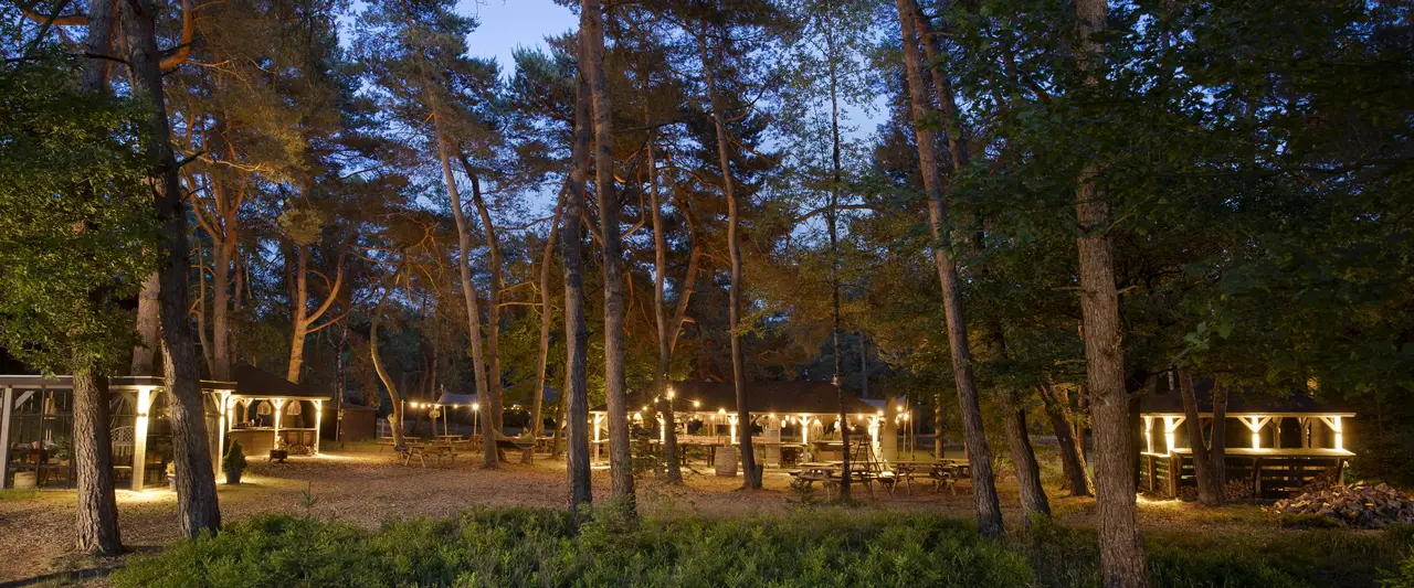 Sfeervolle avondverlichting op de buitenplaats bij Residence Heideborgh met verlichte paviljoens en picknicktafels tussen de bomen.