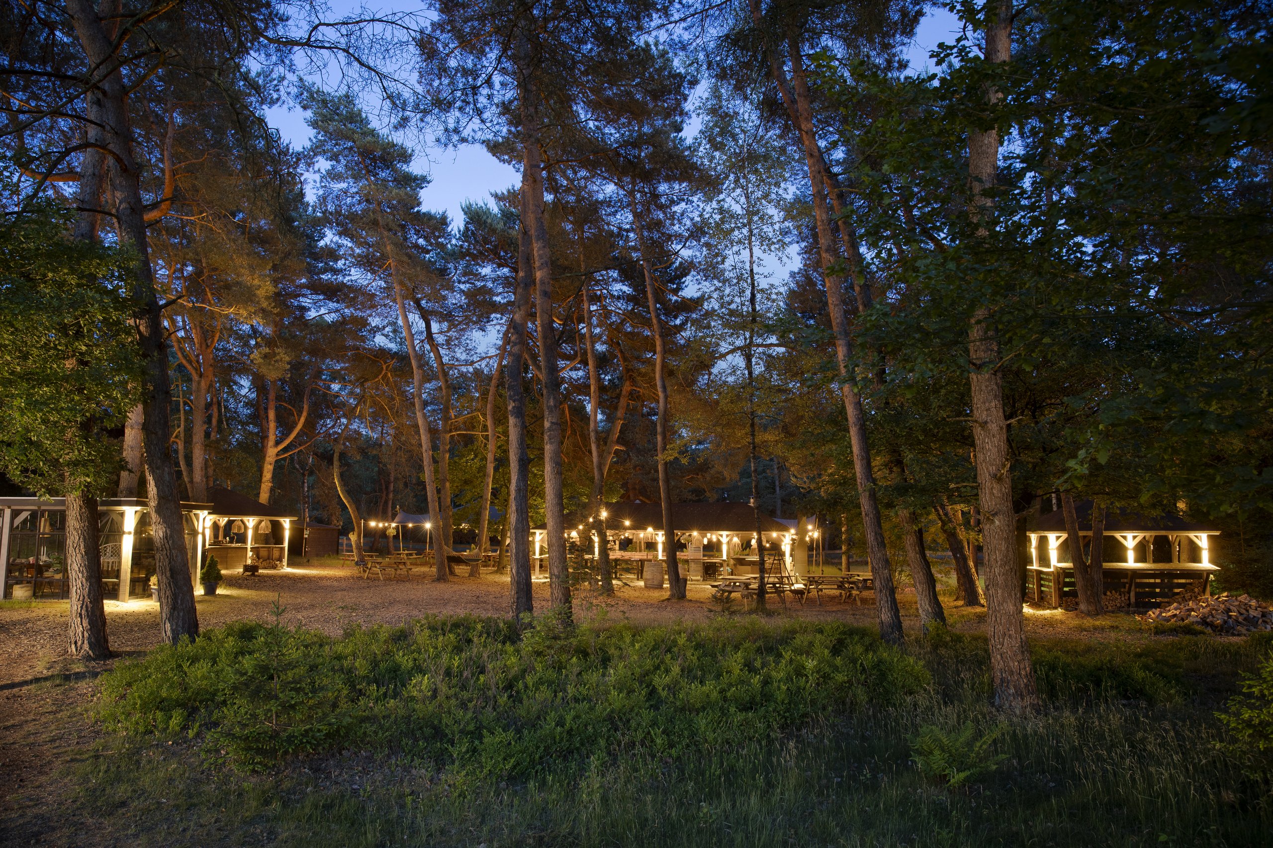 Sfeervolle avondverlichting op de buitenplaats bij Residence Heideborgh met verlichte paviljoens en picknicktafels tussen de bomen.