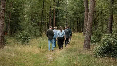 Zakelijke groep wandelend door het bos