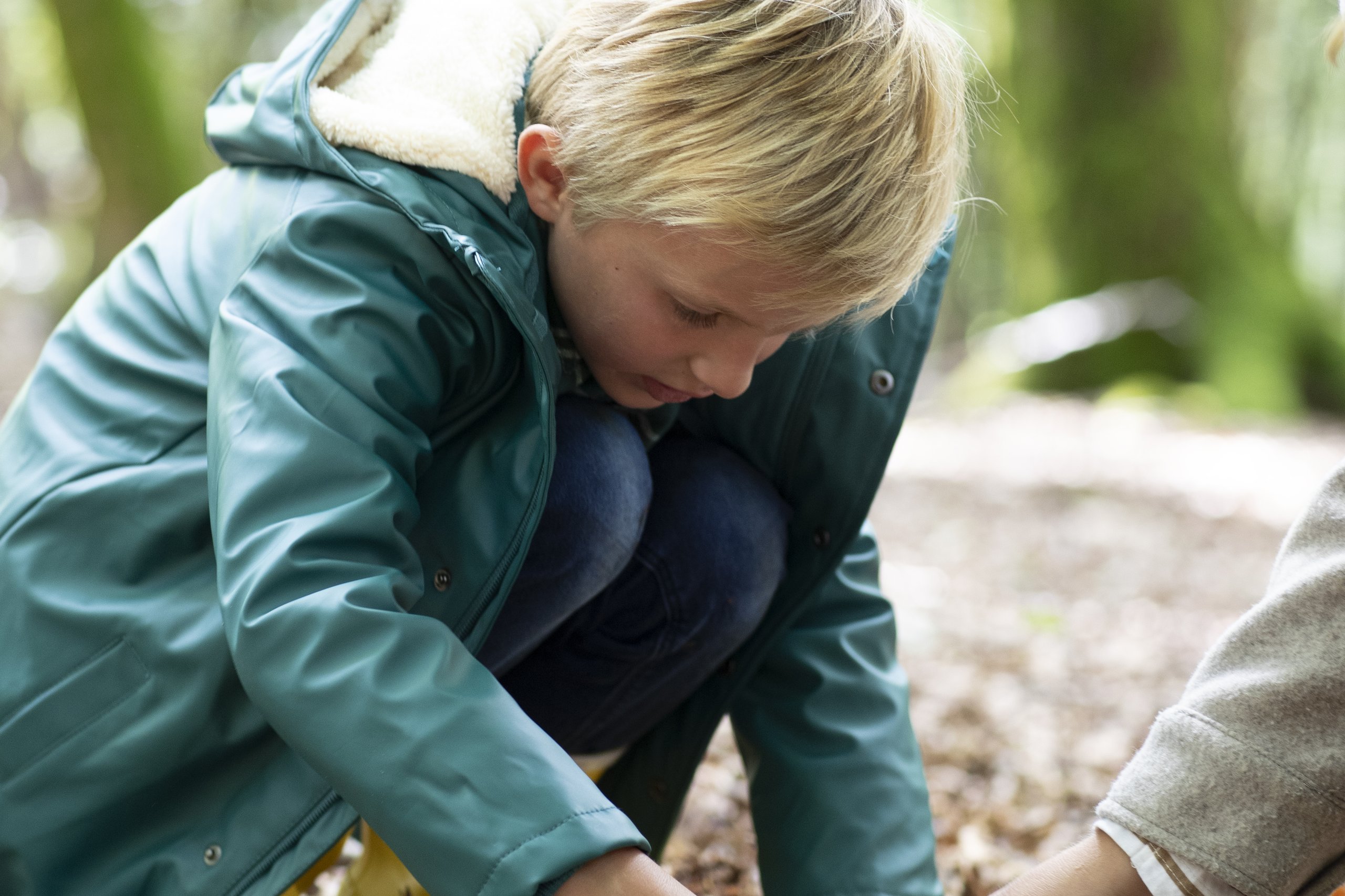 Jongen opzoek naar beestjes in het bos.