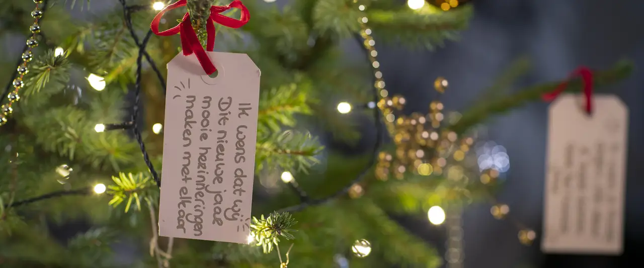 Een stuk van een kerstboom dat versierd is.