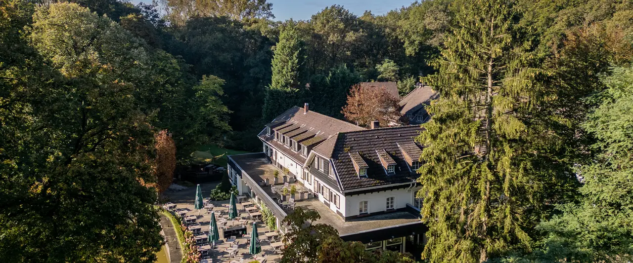 Luchtfoto van Hotel De Bovenste Molen, omringd door het groene bosgebied van Jammerdal.